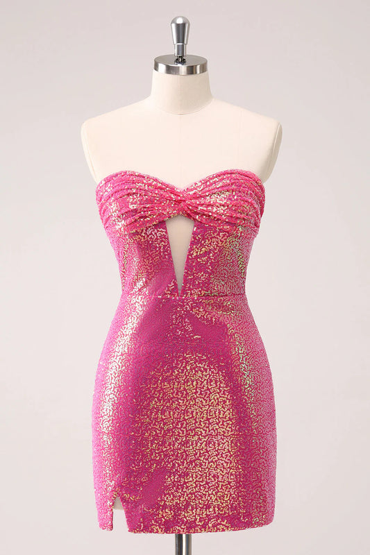Amzcw Sparkly Fuchsia Bodycon Strapless Hollow Out Sequins Short Homecoming Dress with Slit