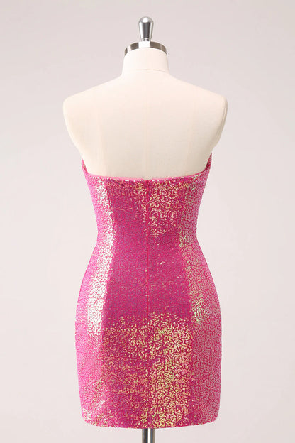 Amzcw Sparkly Fuchsia Bodycon Strapless Hollow Out Sequins Short Homecoming Dress with Slit