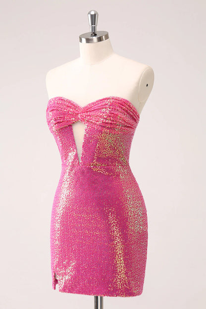 Amzcw Sparkly Fuchsia Bodycon Strapless Hollow Out Sequins Short Homecoming Dress with Slit