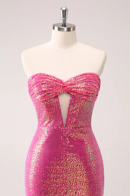 Amzcw Sparkly Fuchsia Bodycon Strapless Hollow Out Sequins Short Homecoming Dress with Slit