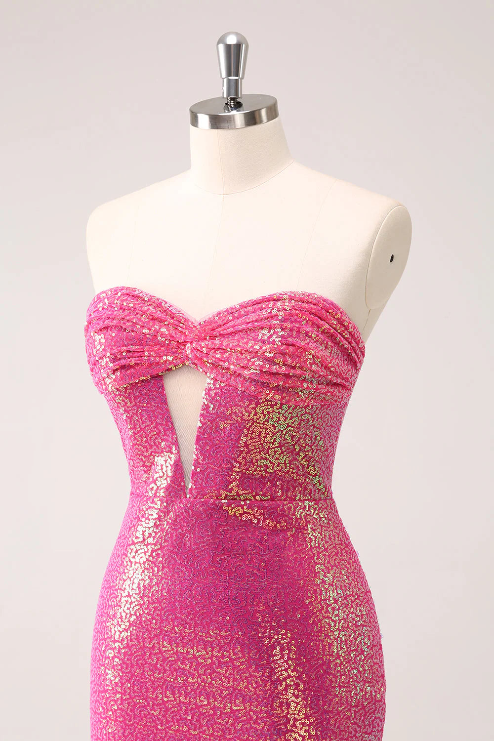 Amzcw Sparkly Fuchsia Bodycon Strapless Hollow Out Sequins Short Homecoming Dress with Slit