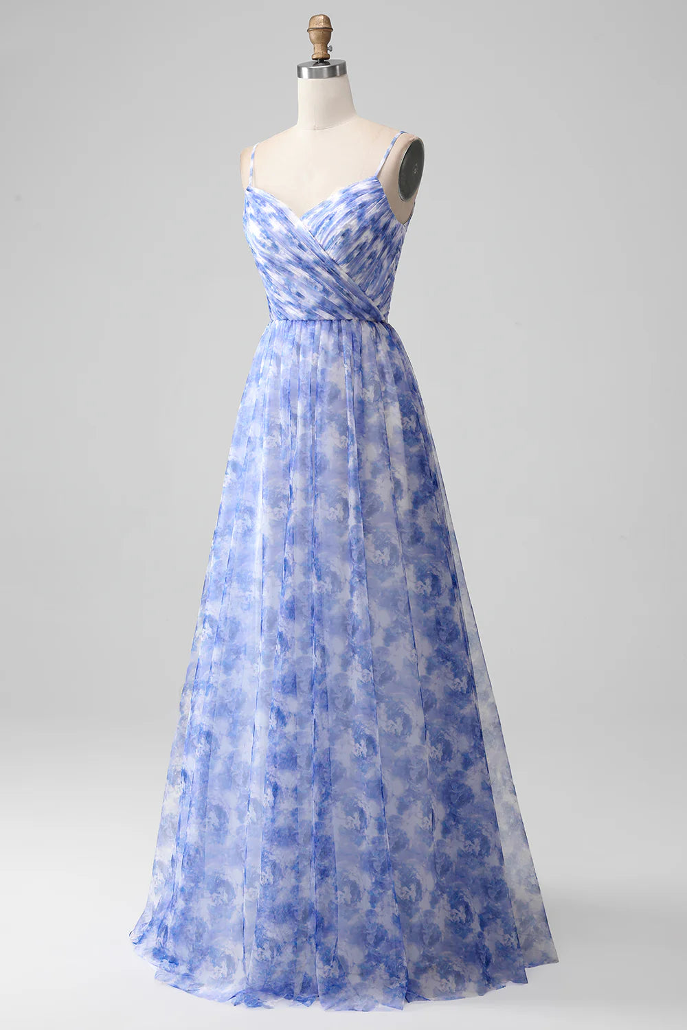 Amzcw Blue A-Line Spaghetti Straps Floral Print Pleated Maxi Dress