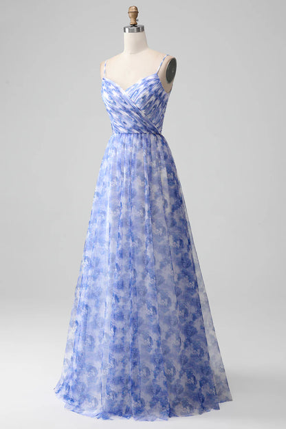 Amzcw Blue A-Line Spaghetti Straps Floral Print Pleated Maxi Dress