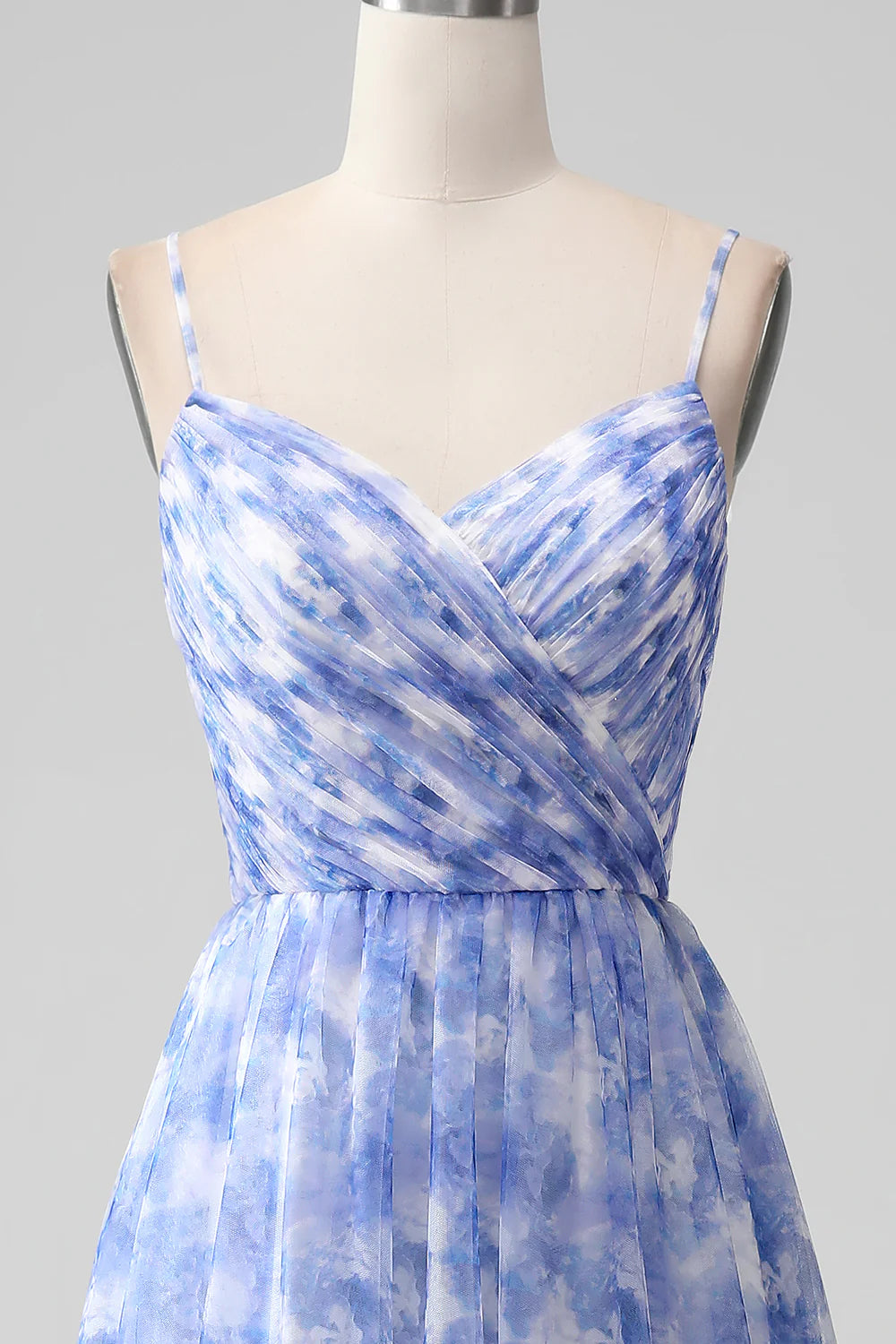 Amzcw Blue A-Line Spaghetti Straps Floral Print Pleated Maxi Dress