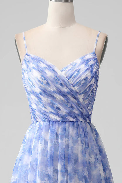 Amzcw Blue A-Line Spaghetti Straps Floral Print Pleated Maxi Dress
