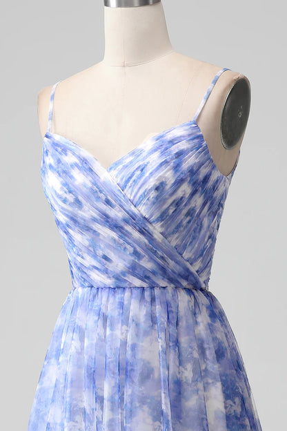 Amzcw Blue A-Line Spaghetti Straps Floral Print Pleated Maxi Dress