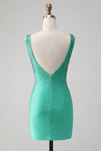 Amzcw Chic Bodycon V Neck Backless Short Green Homecoming Dress with Beading
