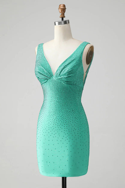 Amzcw Chic Bodycon V Neck Backless Short Green Homecoming Dress with Beading