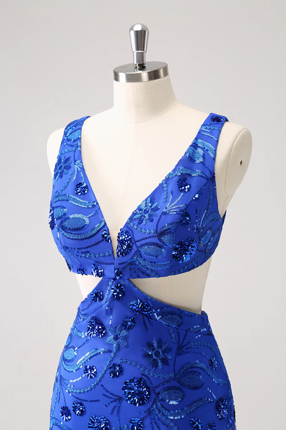 Amzcw Sparkly Royal Blue Tight Hollow Out Sequin Short Homecoming Dress with Lace Up Back