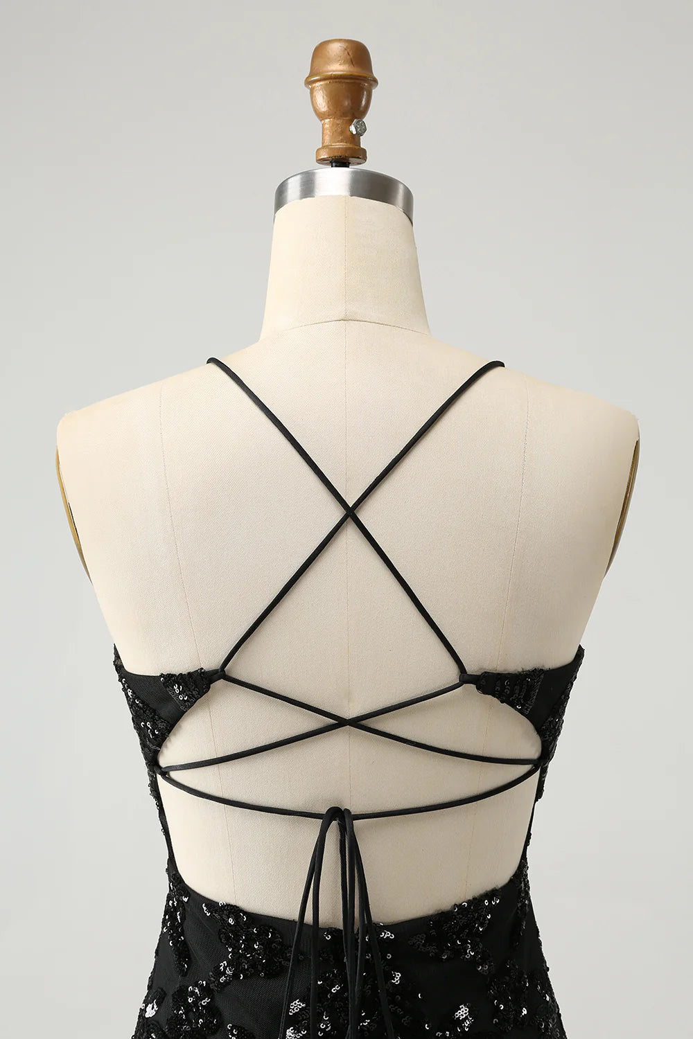 Amzcw Black Bodycon Spaghetti Straps Lace Up Back Short Homecoming Dress with Sequins