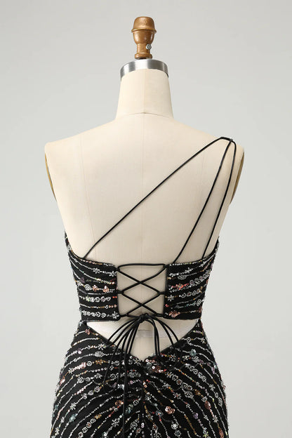 Amzcw Black Bodycon One Shoulder Lace Up Back Short Homecoming Dress with Sequins