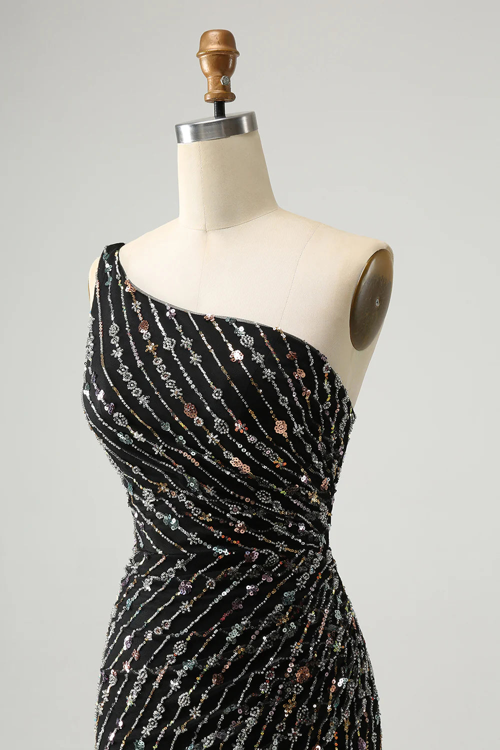 Amzcw Black Bodycon One Shoulder Lace Up Back Short Homecoming Dress with Sequins