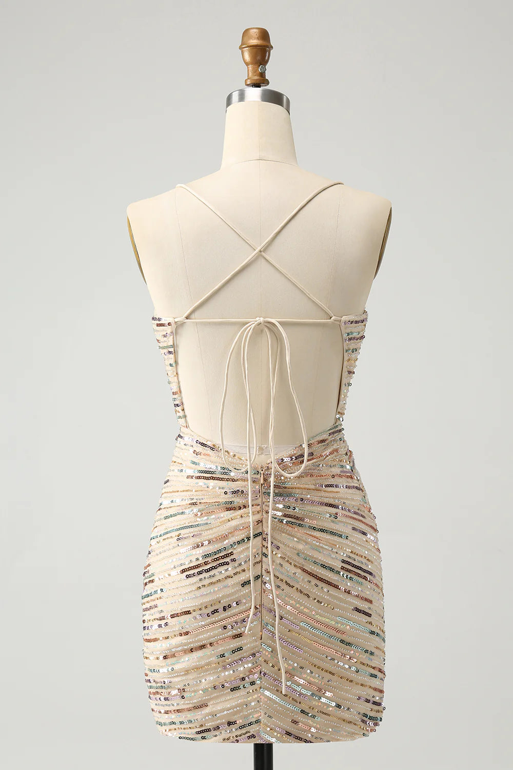 Amzcw Bodycon Spaghetti Straps Lace Up Back Short Champagne Homecoming Dress with Sequins