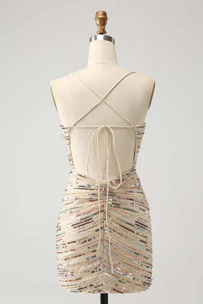 Amzcw Bodycon Spaghetti Straps Lace Up Back Short Champagne Homecoming Dress with Sequins