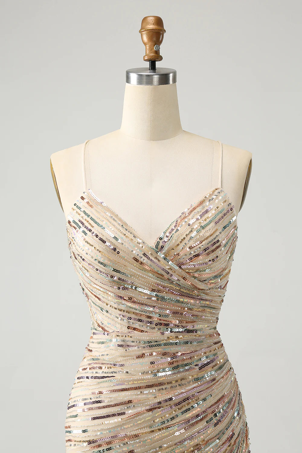 Amzcw Bodycon Spaghetti Straps Lace Up Back Short Champagne Homecoming Dress with Sequins