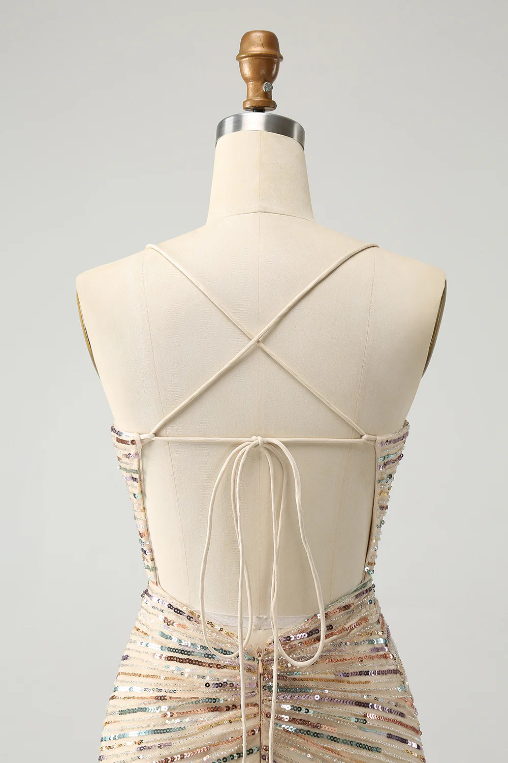 Amzcw Bodycon Spaghetti Straps Lace Up Back Short Champagne Homecoming Dress with Sequins