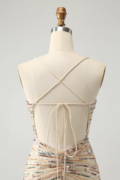 Amzcw Bodycon Spaghetti Straps Lace Up Back Short Champagne Homecoming Dress with Sequins