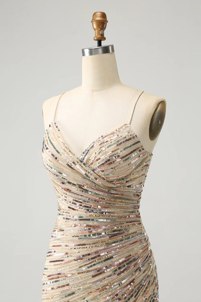 Amzcw Bodycon Spaghetti Straps Lace Up Back Short Champagne Homecoming Dress with Sequins