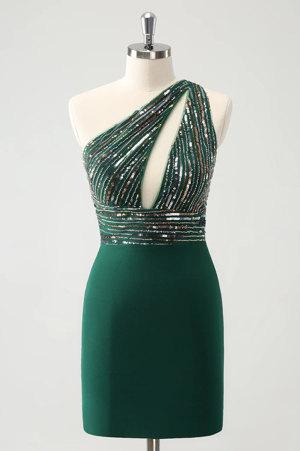Amzcw Sparkly Dark Green Bodycon One Shoulder Pleated Short Homecoming Dress with Sequins