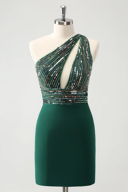 Amzcw Sparkly Dark Green Bodycon One Shoulder Pleated Short Homecoming Dress with Sequins