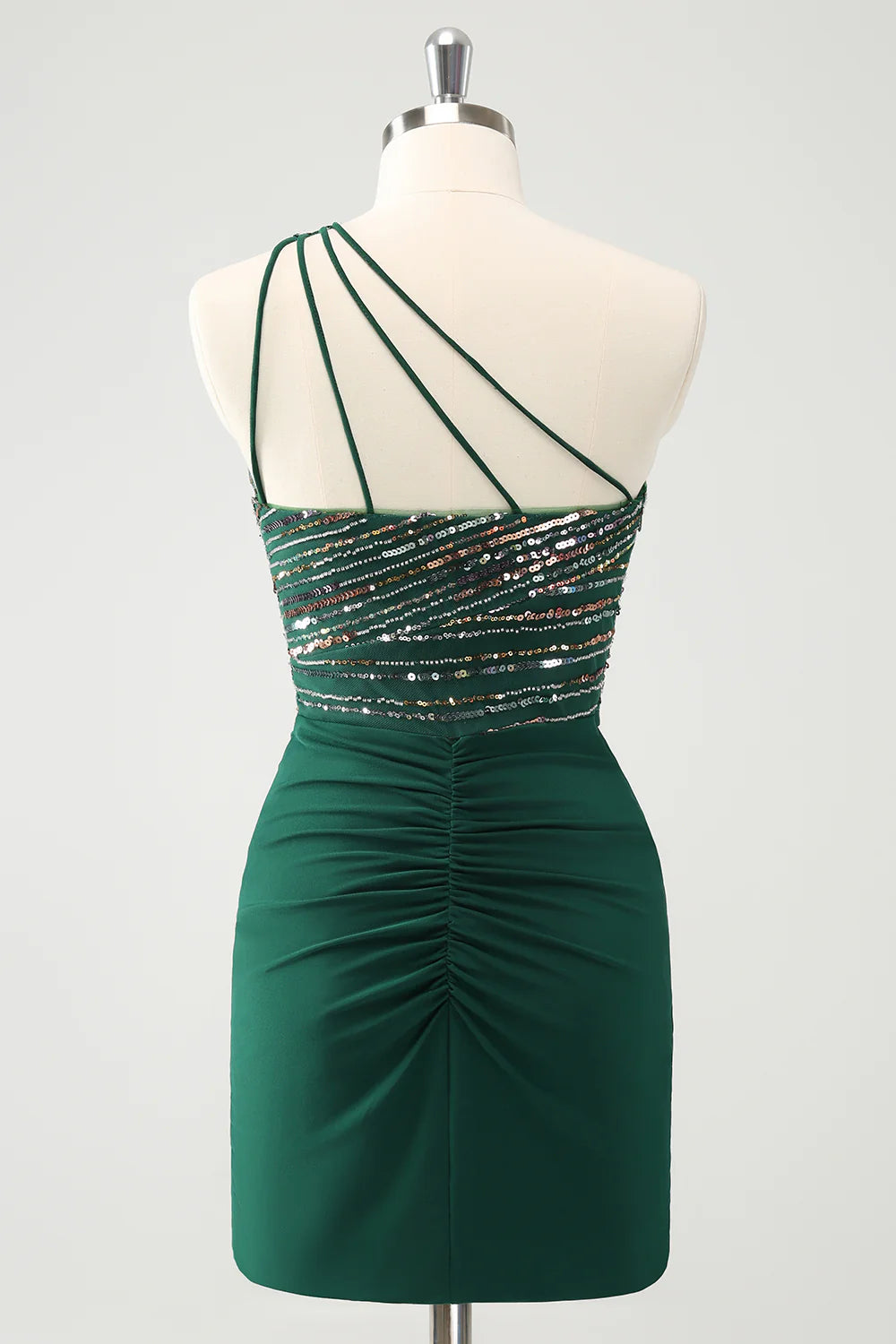 Amzcw Sparkly Dark Green Bodycon One Shoulder Pleated Short Homecoming Dress with Sequins