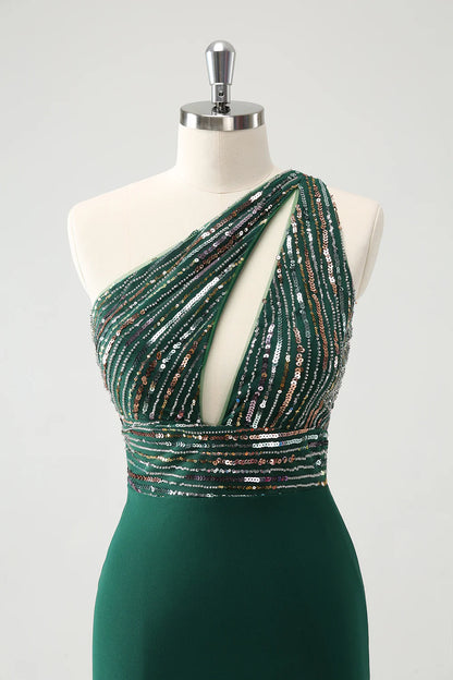 Amzcw Sparkly Dark Green Bodycon One Shoulder Pleated Short Homecoming Dress with Sequins