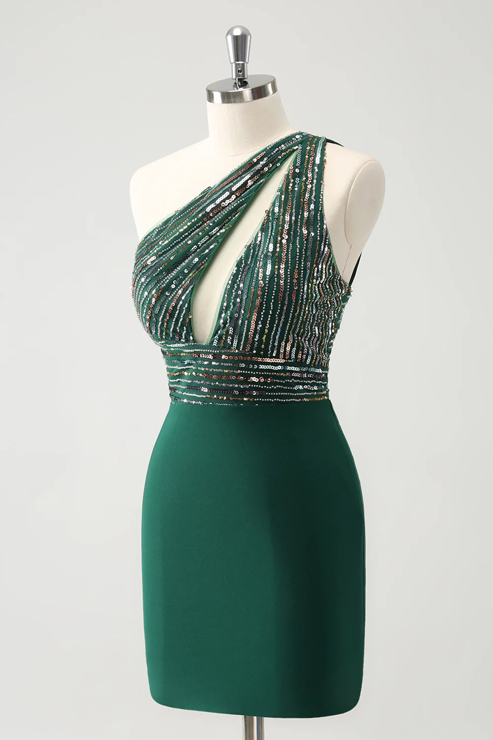 Amzcw Sparkly Dark Green Bodycon One Shoulder Pleated Short Homecoming Dress with Sequins
