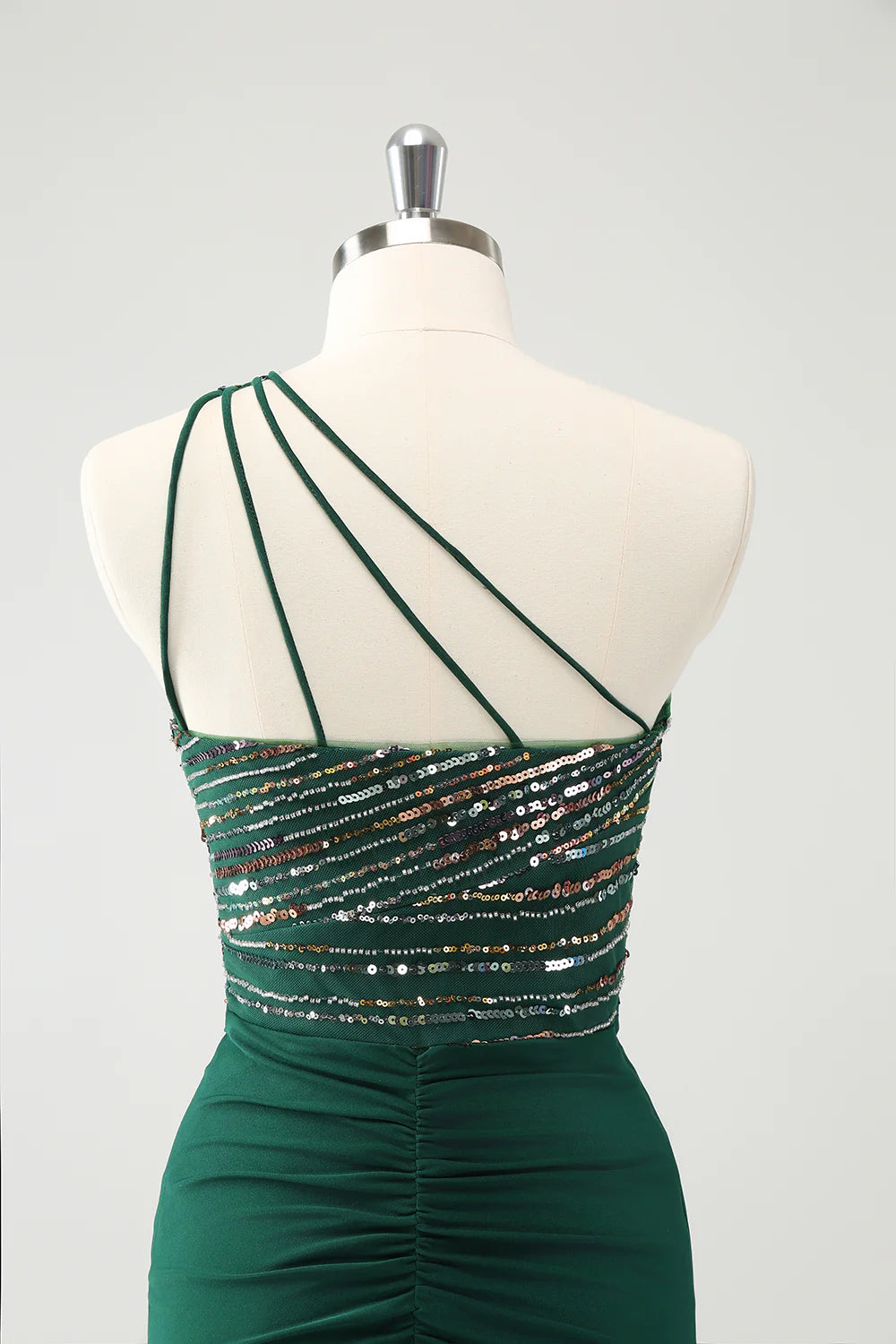 Amzcw Sparkly Dark Green Bodycon One Shoulder Pleated Short Homecoming Dress with Sequins