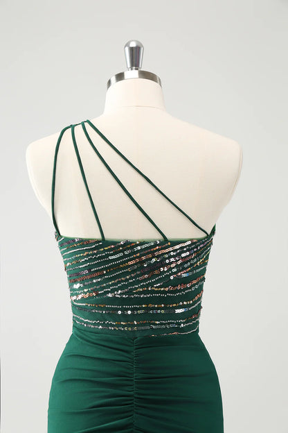 Amzcw Sparkly Dark Green Bodycon One Shoulder Pleated Short Homecoming Dress with Sequins