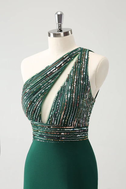 Amzcw Sparkly Dark Green Bodycon One Shoulder Pleated Short Homecoming Dress with Sequins