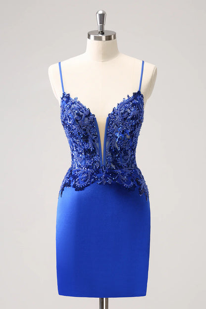Amzcw Royal Blue Tight Ruched Lace Up Back Short Homecoming Dress with Beading