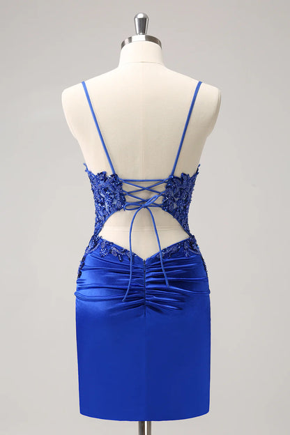 Amzcw Royal Blue Tight Ruched Lace Up Back Short Homecoming Dress with Beading