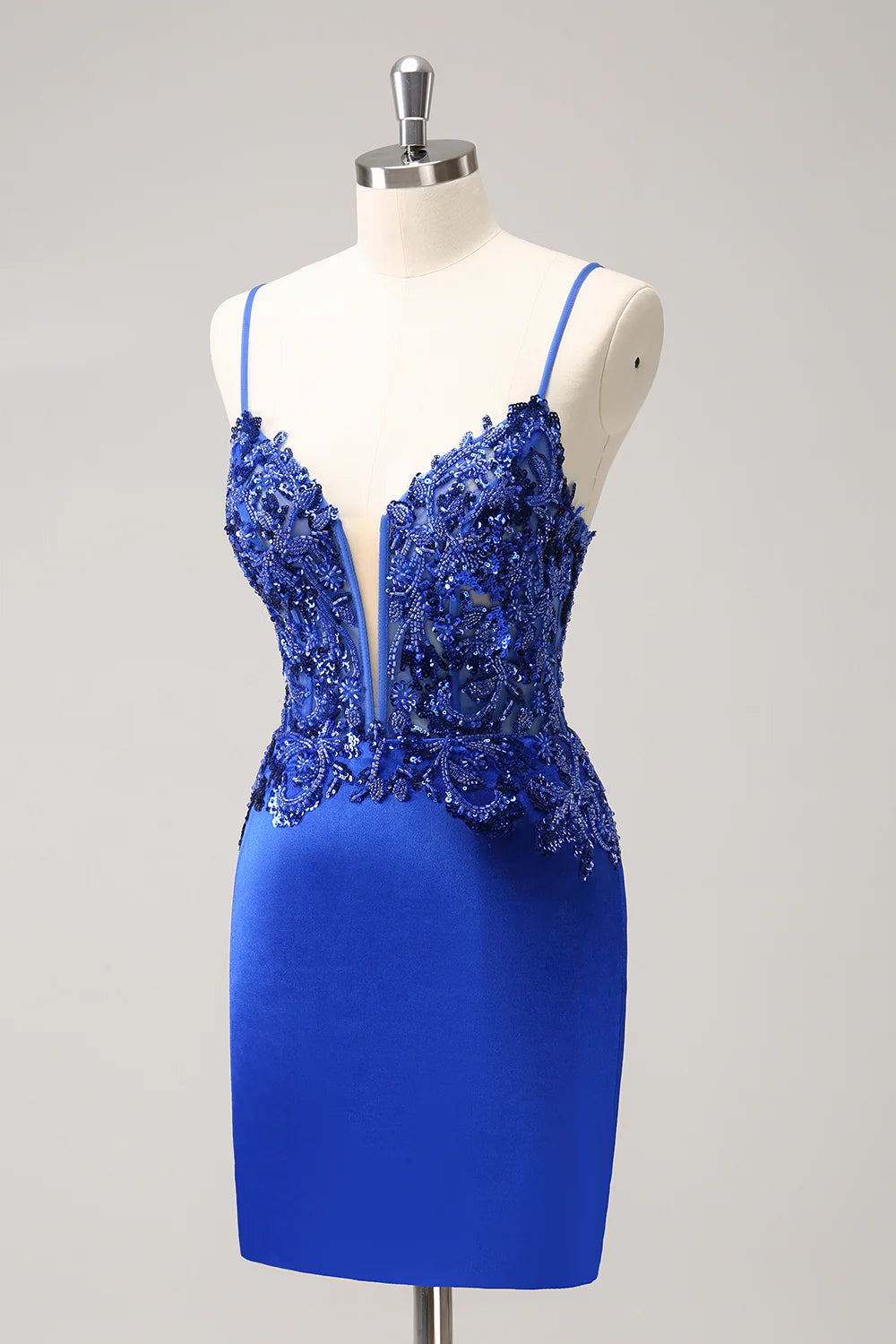 Amzcw Royal Blue Tight Ruched Lace Up Back Short Homecoming Dress with Beading