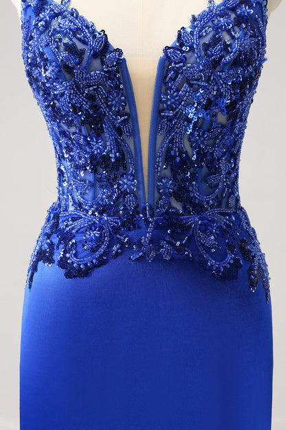 Amzcw Royal Blue Tight Ruched Lace Up Back Short Homecoming Dress with Beading