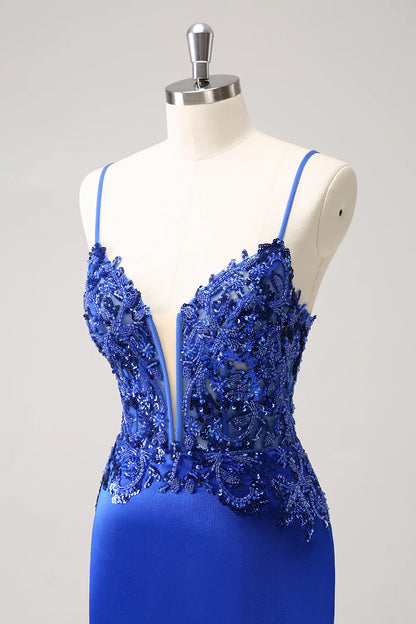 Amzcw Royal Blue Tight Ruched Lace Up Back Short Homecoming Dress with Beading