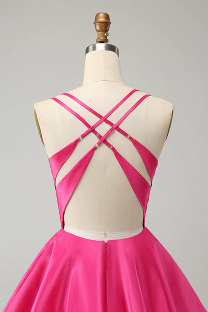 Amzcw Fuchsia A Line Spaghetti Straps Backless Short Homecoming Dress