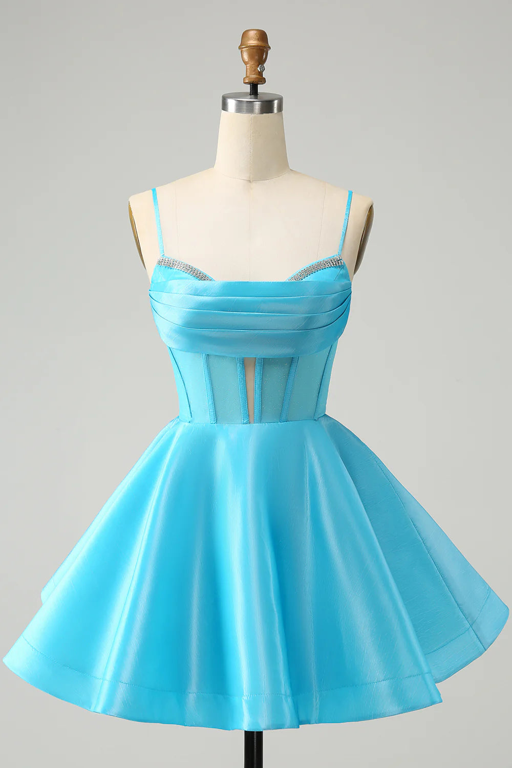 Amzcw Blue A Line Spaghetti Straps Corset Short Homecoming Dress with Beading