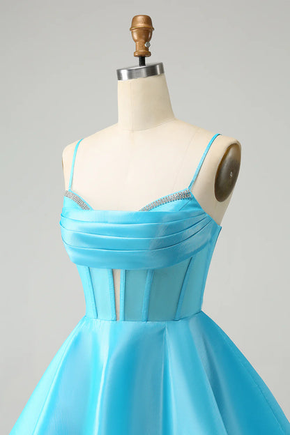 Amzcw Blue A Line Spaghetti Straps Corset Short Homecoming Dress with Beading