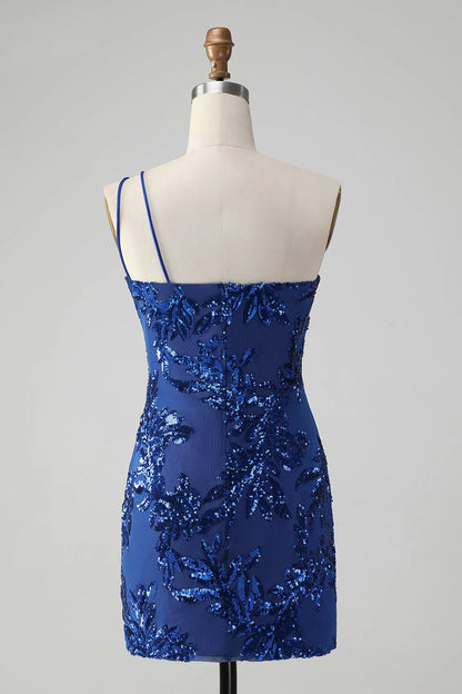 Amzcw Sparkly Bodycon Royal Blue One Shoulder Sequins Homecoming Dress with Embroidery