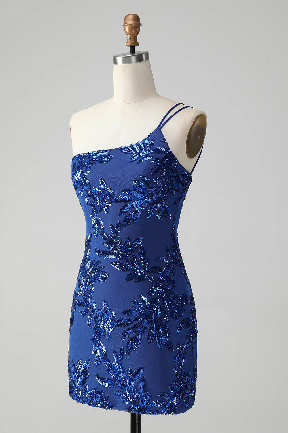 Amzcw Sparkly Bodycon Royal Blue One Shoulder Sequins Homecoming Dress with Embroidery