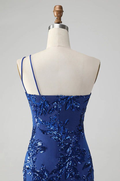 Amzcw Sparkly Bodycon Royal Blue One Shoulder Sequins Homecoming Dress with Embroidery