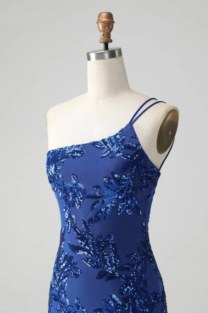 Amzcw Sparkly Bodycon Royal Blue One Shoulder Sequins Homecoming Dress with Embroidery