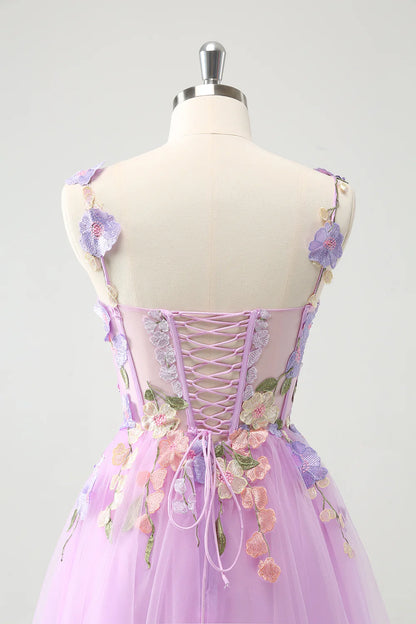 Amzcw Gorgeous Purple A Line Spaghetti Straps Short Homecoming Dress with 3D Flowers