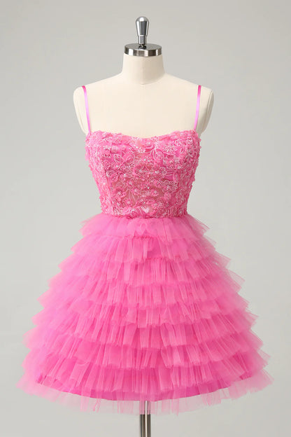 Amzcw Pink A Line Spaghetti Straps Tiered Corset Short Homecoming Dress with Sequins