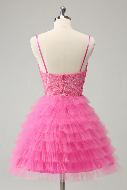 Amzcw Pink A Line Spaghetti Straps Tiered Corset Short Homecoming Dress with Sequins