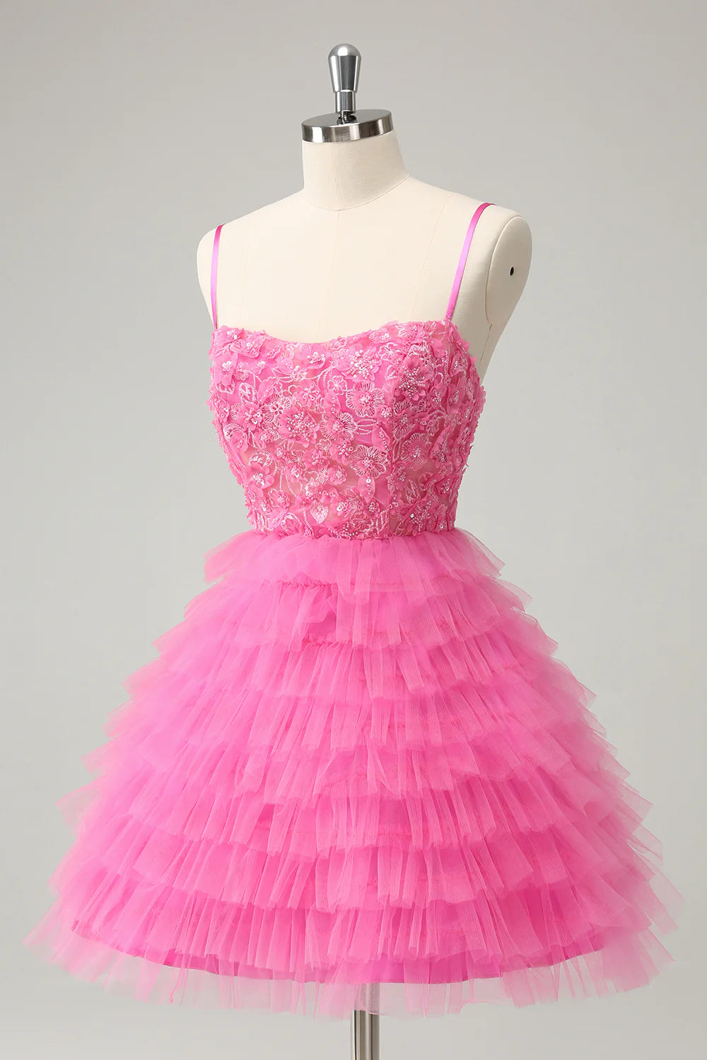 Amzcw Pink A Line Spaghetti Straps Tiered Corset Short Homecoming Dress with Sequins