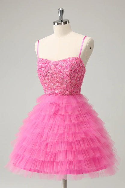 Amzcw Pink A Line Spaghetti Straps Tiered Corset Short Homecoming Dress with Sequins