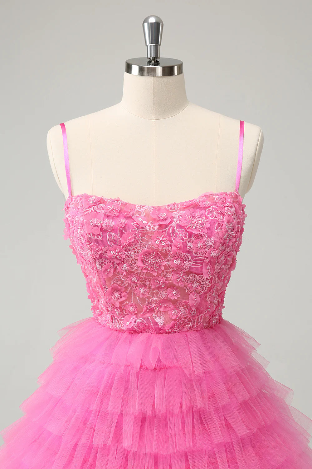 Amzcw Pink A Line Spaghetti Straps Tiered Corset Short Homecoming Dress with Sequins