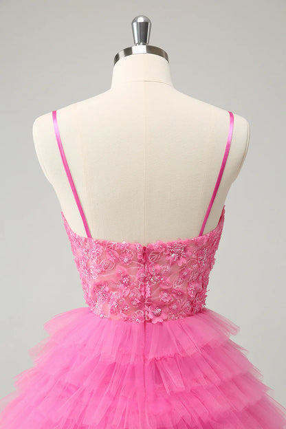 Amzcw Pink A Line Spaghetti Straps Tiered Corset Short Homecoming Dress with Sequins