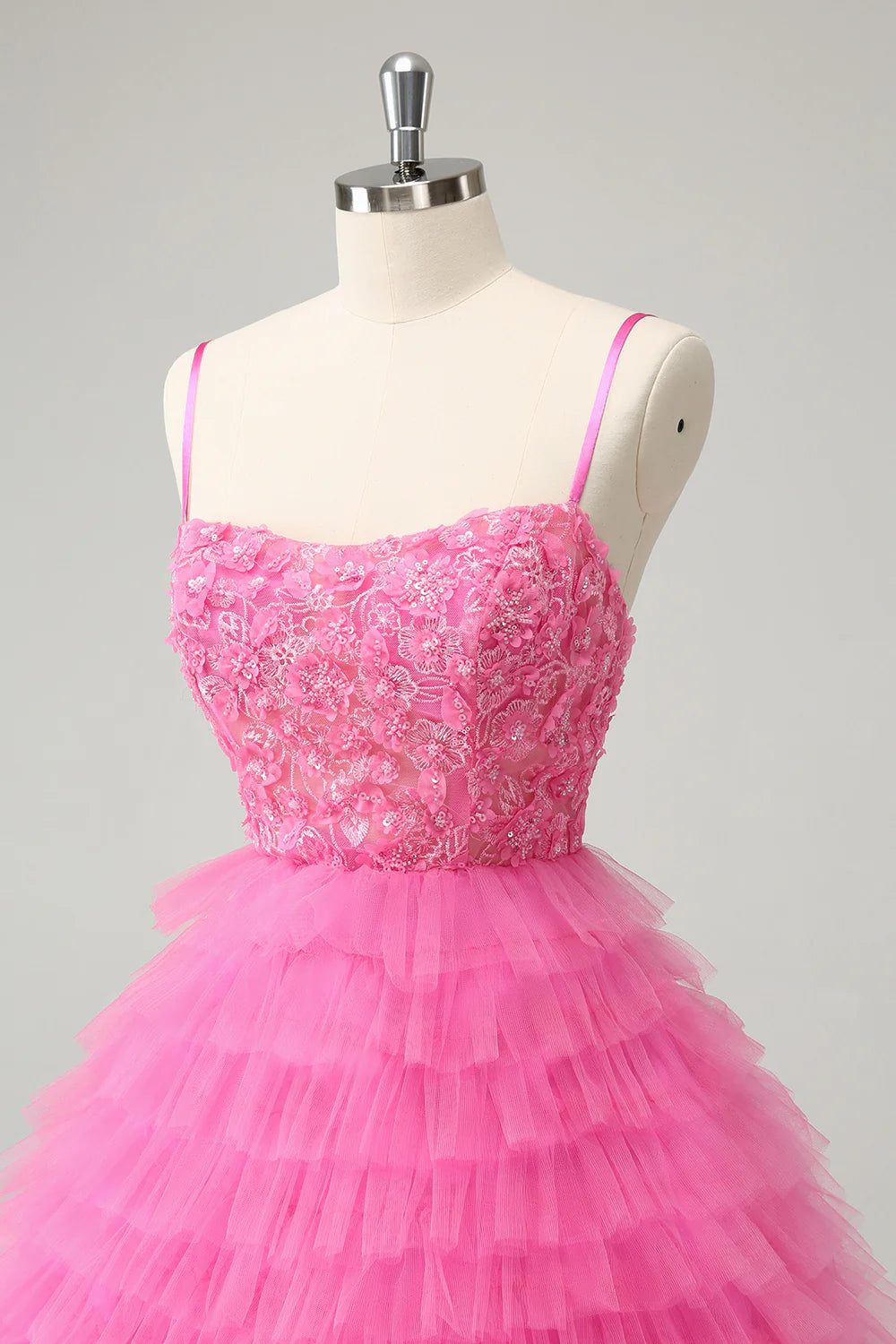 Amzcw Pink A Line Spaghetti Straps Tiered Corset Short Homecoming Dress with Sequins